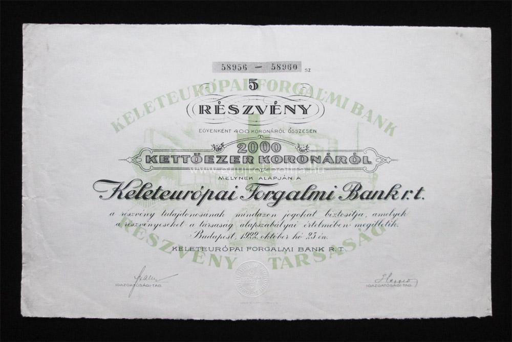 Keleteurópai Forgalmi Bank részvény 5x400 korona 1922